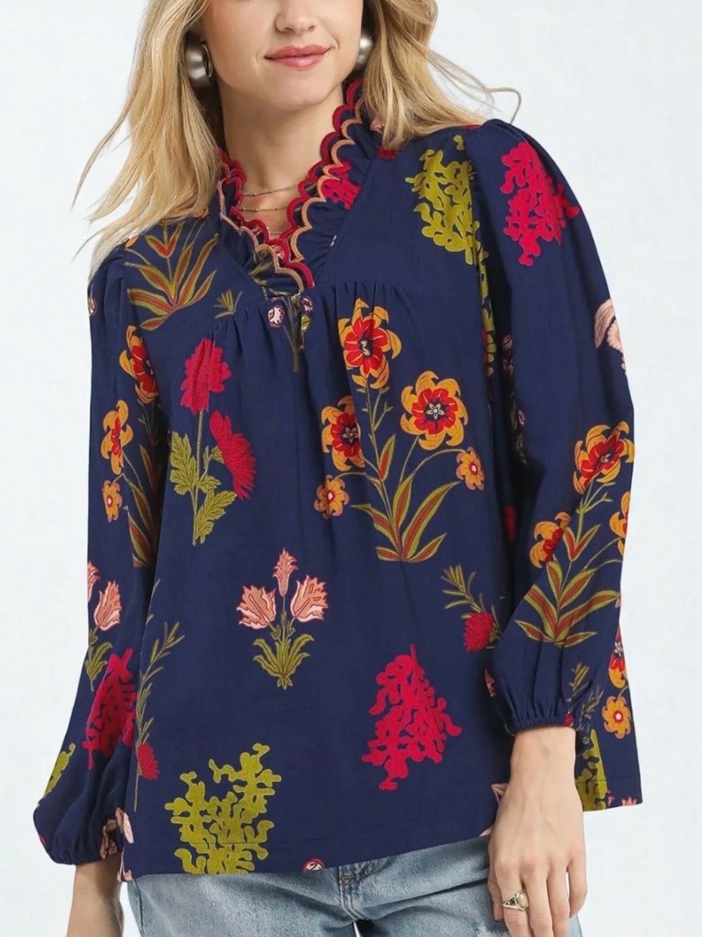 Umgee Navy Floral Long-Sleeve Blouse with Red and Yellow Accents